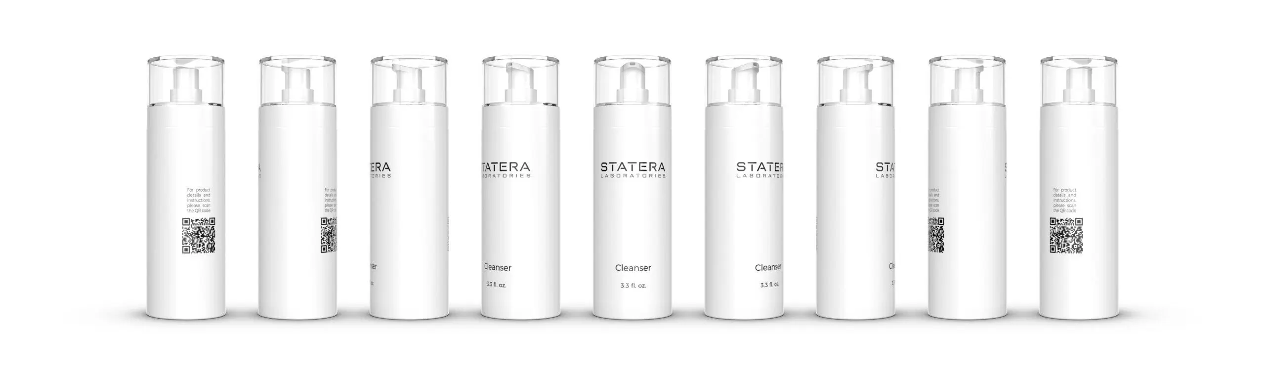 Line of seven STATERA Laboratories Cleanser rotating.