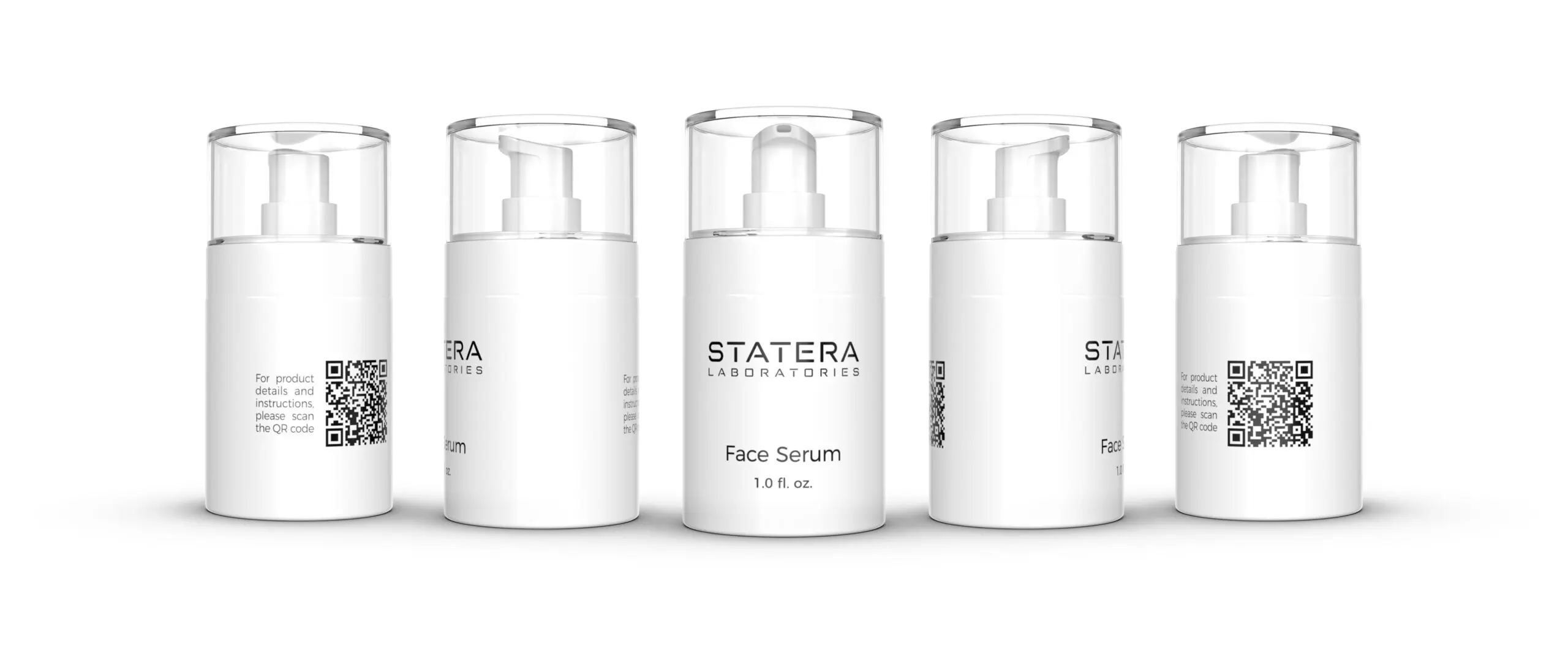Line of five STATERA Laboratories Face Serums rotating for mobile devices.